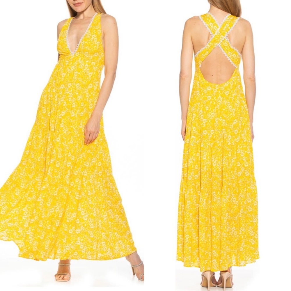 Alexia Admor Yellow Floral Maxi Dress Crisscross Back Boho Sleeveless 12